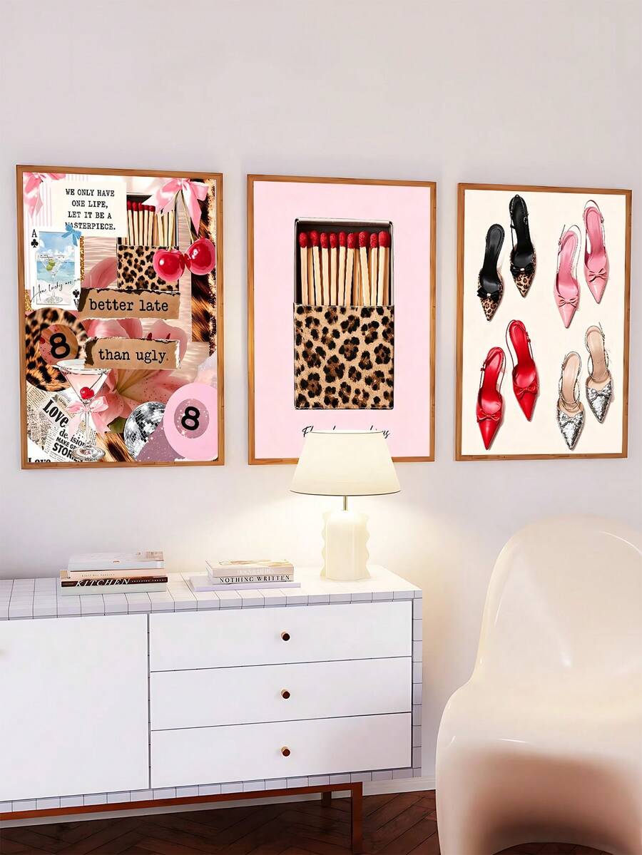 3PCS Pink Leopard Wall Art Fashion Stylish Prints Decor Office Aesthetic Girly Wall Art Fashion Magazine, Matchbox, High Heels Wall Art, Festival Gift, The Ideal Gift For Friends, Bedroom Art Print, Living Room Decor, Office Decor, Kitchen Decor, Bar Decor, Bathroom Decor, Wall Arts, Wall Decor, Home Decor, Room Decor, Canvas Wall Art, Posters, Wall Art With Frame, Optional Frame ﻿ - 3pcs - View 1