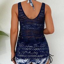 Swim Lushoire Women's 3Pcs Beach Outfit Set, Deep V Coconut Tree Print Shorts Paired With Hollow Out Knit Kimono & Cami Tank Top, Mature Resort Holiday Style, Suitable For New Year, For Summer Beach Vacation - Rosa Fucsia - Ver 8