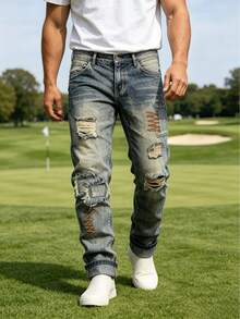 Men's Jeans Retro Wash Slim Cargo Ripped Casual - Navy Blue - View 8