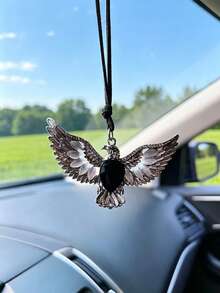 Car Hanging Ornament, Rearview Mirror Pendant, Black Crystal & Opal Wings Car Charm, Gothic Style Car Interior Decor, Premium Metal Accessory, Cool Car Accessory, Unique Driver Gift - A - View 5