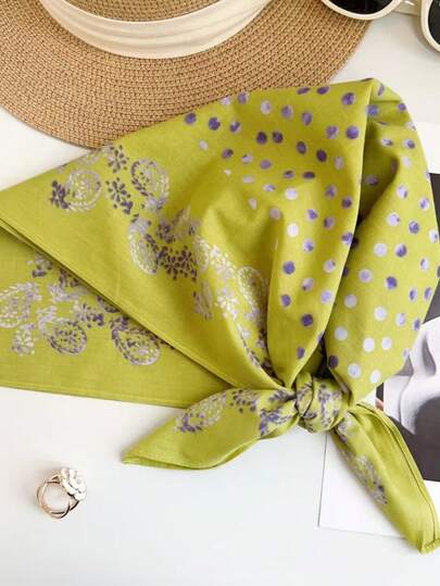 1 chiếc khăn vuông nhỏ thời trang đa năng họa tiết chấm bi và hoa, 100% cotton, họa tiết hoa phong cách Bohemian bằng polyester.
