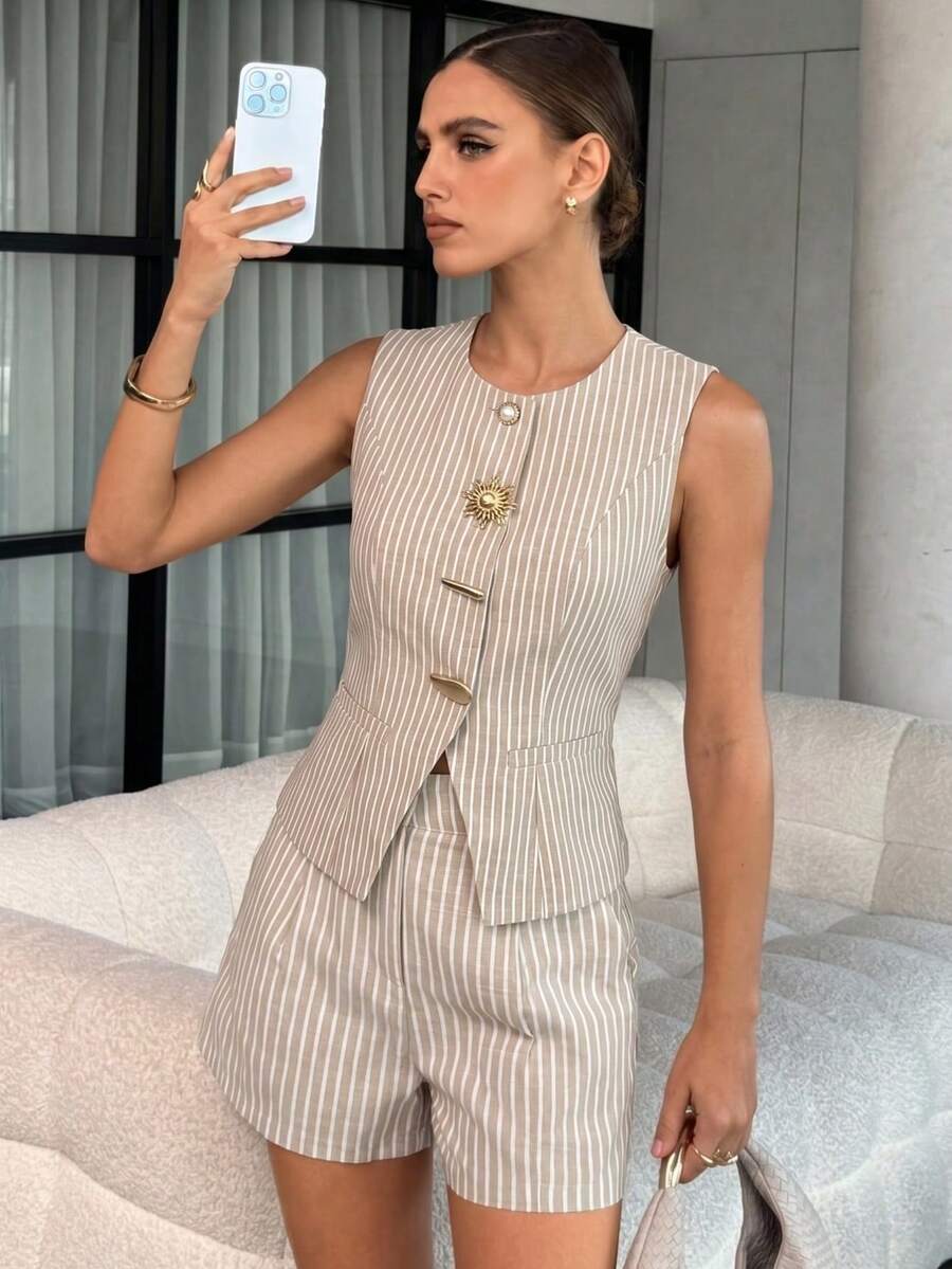 Women's Elegant Striped Sleeveless Button-Front Vest And High-Waisted Shorts 2 Pieces Set - Apricot - View 1