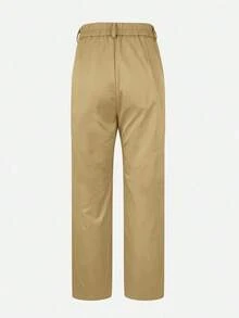 Pantalones rectos de tela de traje con bolsillo con cremallera de unicolor , sin cintura, elegantes para ir al trabajo, la oficina, uso casual, primavera/verano, versátiles - Caqui - Ver 6