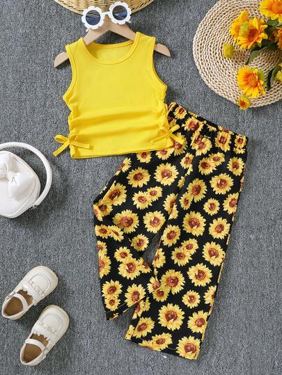 2pcs/Set Girls' Fashion Sunflower Print Bow Decor Camisole And Pants Set, Suitable For Casual Outings And Outdoor Wear