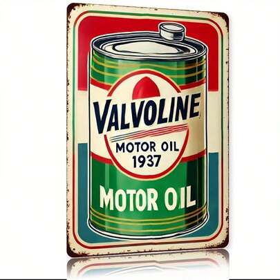 Tấm sắt số 2 - Làm bằng sắt, trang trí tường bằng kim loại phong cách retro "Dầu Valvoline 1937", thích hợp cho nhà ở, quán bar, quán cà phê, nhà để xe, nhà nông thôn - Màu xanh đồng quê, Đường kính: 20cm
