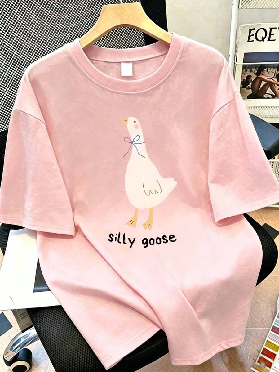 Plus Size Women's Casual Loose Goose Print Round Neck Short Sleeve Summer Top, Graphic Vacation Tee Pink - Pink - View 1