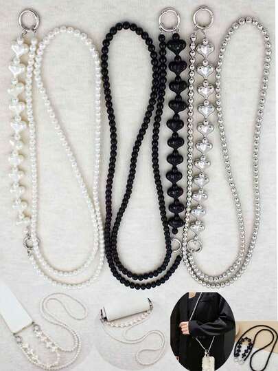 1pc Pearl White/Black Multifunctional Phone Lanyard, Detachable Handbag Chain, Heart-Shaped Beaded Shoulder Strap, Compatible With Bags