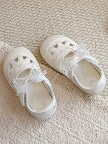 Soft White Hollow Floral Hook And Loop Sandals For Girls, Princess Style, Breathable Closed Toe Design, Lightweight Soft Sole For Comfortable Wear - Beige - View 6
