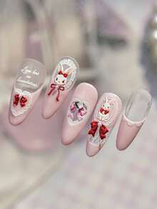 1 miếng dán móng tay 3D hình thỏ và nơ dễ thương, thiết kế khung ren đỏ trắng, decal tự dính cho bộ móng tay ngọt ngào của bé gái, dụng cụ làm móng nghệ thuật DIY. - Nhiều màu - Xem 5