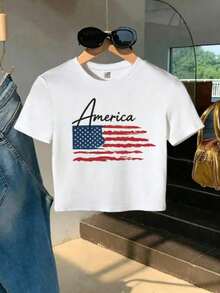 Womens Sexy Slim Fit American Flag T-Shirt| Patriotic Usa Graphic Tee In Green With Red & Blue Accents, Machine Washable, Casual Short Sleeve Top For Fourth Of July, Everyday Outfits & Themed Events, Comfortable Fabric,  Holiday Apparel - 白色 - 查看 8