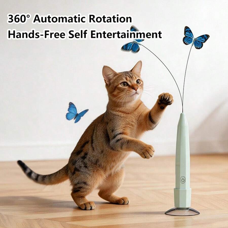 吸盘蝴蝶逗猫棒 - 可充电互动宠物玩具，满足猫咪的狩猎本能，居家放松