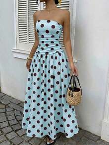 Vestido bandeau con cintura ceñida y estampado de lunares, estilo vacacional - Multicolor 16 - Ver 2