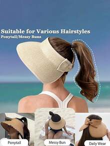 Foldable Straw Hat, Wide Brim Sun Protection Hat With Cute Bow Decor, Versatile Casual Bohemian Elegant Polyester Hat For Outdoor Beach, Spring/Summer - Straw Hat - View 1