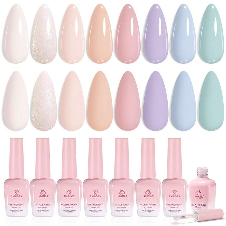 8 Colors Neutral Nude Glitter Gel Polish Set, Beetles Soft Manifest Soak Off UV LED Nail Gel, Pink Green Tone Long Lasting Nail Art, Home Salon Spring Manicure Gifts For Women - 8 Colors Neutral Nude - 查看 1