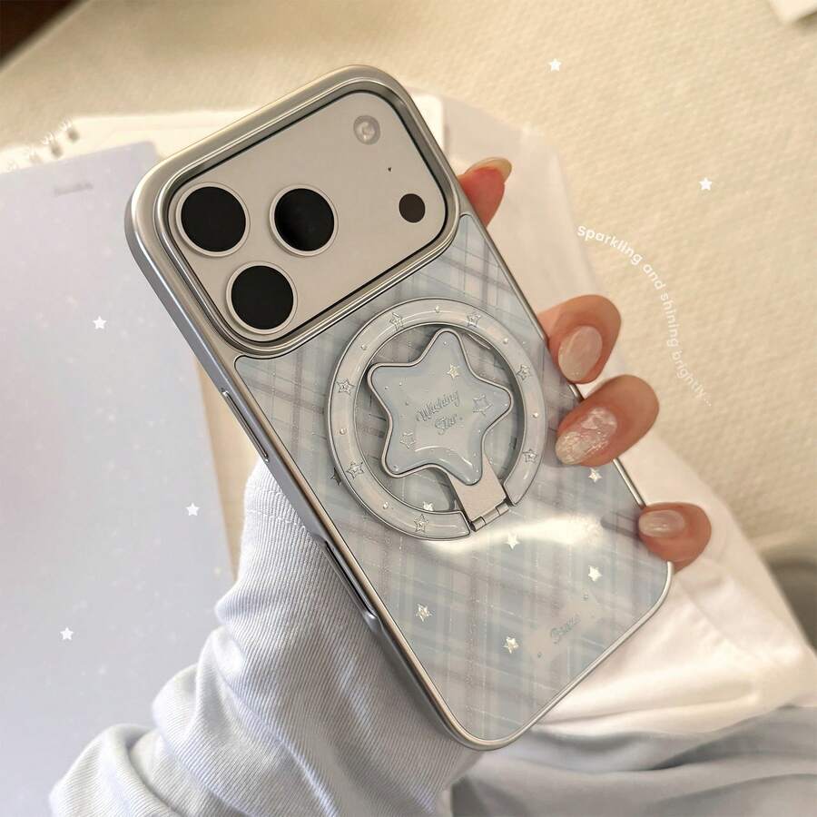 GUCADI 银边磁吸镀金星形图案 + 蓝色染色星形磁吸支架韩版蓝色手机壳，适用于 17 Pro Max，磁吸支架适用于 16，镀金星形图案适用于 14，电镀，时尚，独特，创意，简约风格，清新，小众，奢华，ins 风格。