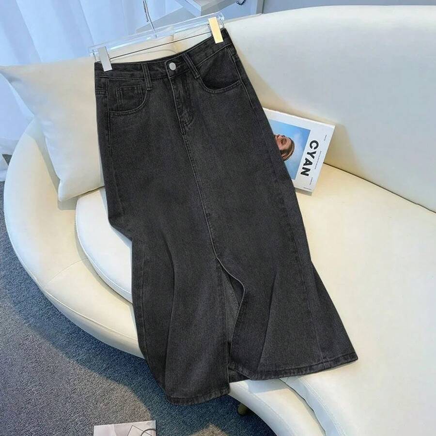 Minifalda de mezclilla azul claro asimétrica de cintura alta con efecto adelgazante para mujer, estilo nuevo de verano 2023, ... - negro gris 222 - Ver 1