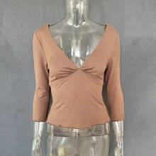 2026 Womens Multi-Color V-Neck 3/4 Sleeve Fitted Top Ruched Bust Casual & Date Night Blouse - màu nâu - Xem 1