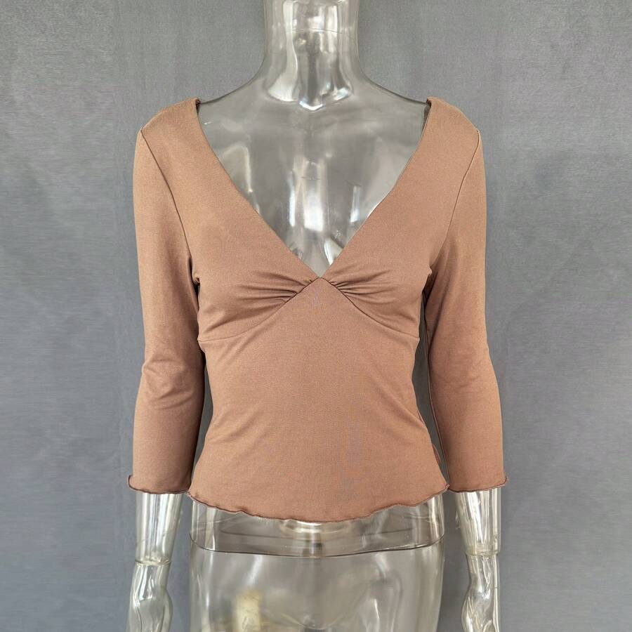 2026 Womens Multi-Color V-Neck 3/4 Sleeve Fitted Top Ruched Bust Casual & Date Night Blouse - màu nâu - Xem 1