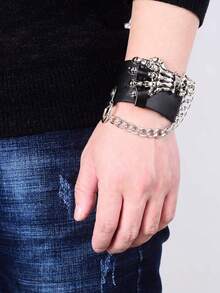 1-4 chiếc vòng tay da bản rộng, đính đinh tán hình đầu lâu quỷ dữ phong cách Punk Rock Gothic Biker màu đen, có thể điều chỉnh kích thước, dành cho nam giới. - Bạc - Xem 4