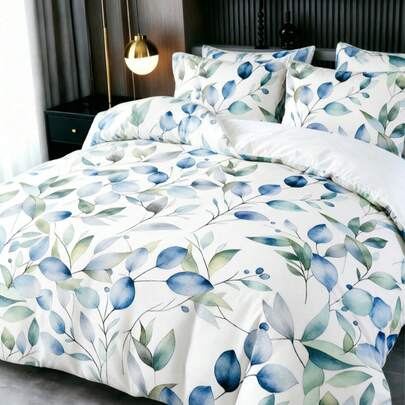 Bộ 3 món họa tiết lá bạch đàn màu nước xanh dương và xanh lá cây, ga trải giường và vỏ gối in ngẫu nhiên, bộ ga trải giường (1 ga trải giường + 2 vỏ gối không kèm ruột gối), bộ chăn ga gối mềm mại, ấm áp và thoải mái cho phòng ngủ, phòng khách, ký túc xá, bộ trang trí in hình hoa hồng, bộ chăn ga gối sang trọng, mềm mại, thân thiện với da.