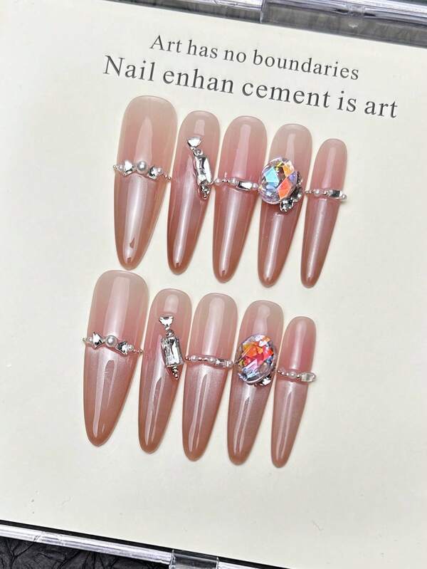 10 móng tay giả thủ công hình oval dài nhọn, móng acrylic dán siêu dài, móng hồng nhẹ nhàng, móng kiểu Pháp mắt mèo nổi bật, đính đá lớn, kim cương giả, móng mùa xuân thanh lịch cá tính, móng dán mùa hè, thích hợp cho tiệc tùng, hàng ngày và hẹn hò, đi biển, nghỉ dưỡng nhiệt đới, tự làm móng nghệ thuật phù hợp cho phụ nữ và bé gái làm quà tặng.