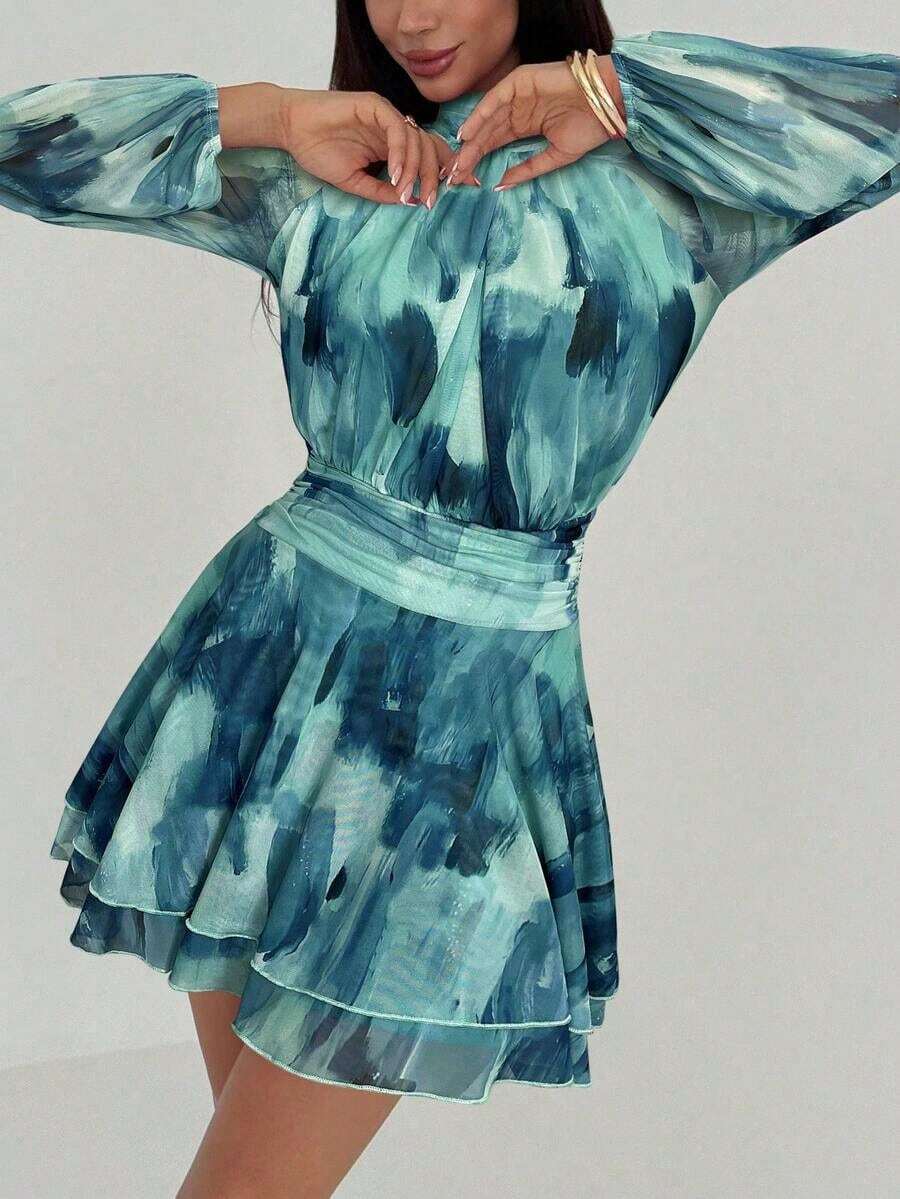 Vestido de manga larga ajustado con silueta de paraguas para mujer, nuevo para otoño/invierno, para uso casual/citas/salidas/maestras, vestido romántico con estampado de teñido anudado en púrpura y cuello alto con lazo en la cintura - Azul - Ver 1