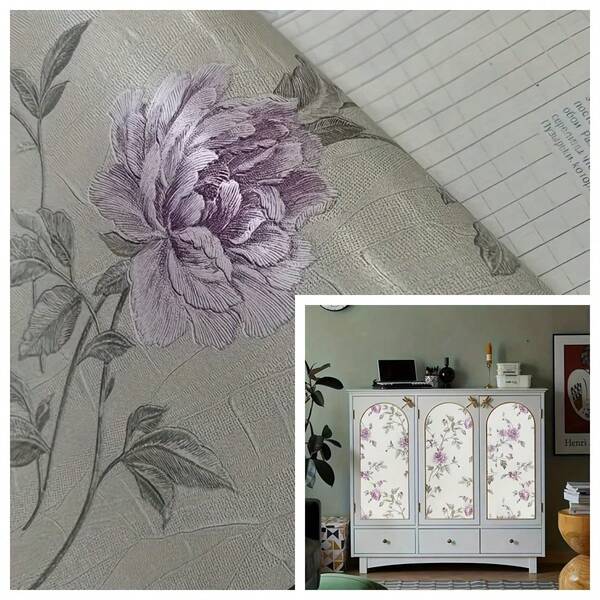 1 rouleau de papier peint vinyle amovible et imperméable avec des fleurs de pivoine violettes vintage sur fond blanc, convenant à une décoration élégante de campagne