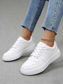 Women's White Leather Breatheable Lace-Up Shoes, Polished Upper With Ventilation Holes, Elevated Soft EVA Platform For Casual Outfits - 白色 - 查看 3