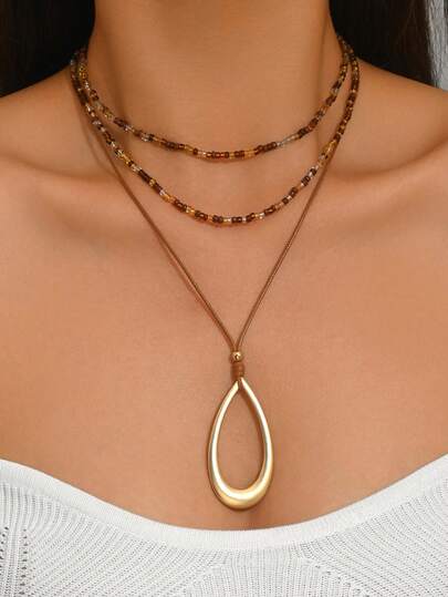 Bộ 3 dây chuyền hạt cườm thủ công phong cách Bohemian với mặt dây chuyền hình giọt nước hình học, trang sức thời trang đa năng phù hợp với trang phục hàng ngày của phụ nữ, du lịch nghỉ lễ, dự tiệc, lễ hội âm nhạc.
