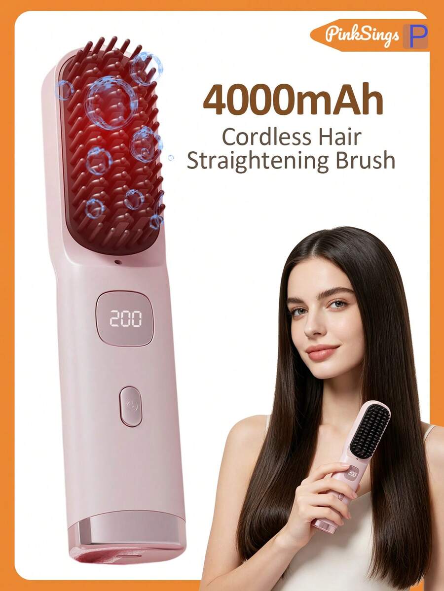 PinkSings 4000mAh无线直发梳,便携式5亿离子顺滑直发梳,可充电MCH快速加热5D密集刷毛,LED显示屏,防烫伤,适合女性居家旅行 - 粉色 - 查看 1