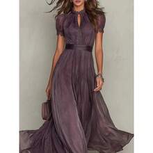New Spring Summer V-Neck Ruffle  Dress, Waist Slim Flared Elegant Dress - 紫色 - 查看 4