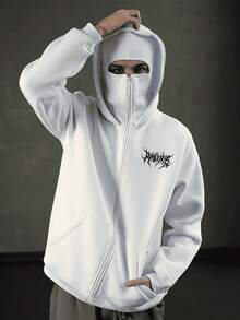 Balaklava, A Must-Have Item For Social Anxiety Sufferers. A Face-Covering Style, Loose Large-Sized And Long Double-Layered Hooded Zipper-Style Pullover Hoodie And Hooded Sweater. Suitable For Men's Autumn/Winter Clothing, Halloween Costumes, Christmas Costumes, Men's Outerwear, Fashionable Style, Men's Hooded Sweater. - 白色 - 查看 3