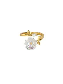 Anillo de flor y hoja con circonita cúbica y resina blanca, anillo ajustable abierto chapado en oro de 18k, joyería de moda para uso diario, boda, fiesta, regalo de vacaciones - 1 - Ver 13