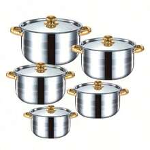 10pcs Stainless Steel Pot Set] 10pcs Stainless Steel Pot Set, Multi-Size Cooking Pots With 5 POTS + 5 LIDS | Deep Stock Pot, Suitable For Home And Restaurant Cooking, Soups, Hot Pots, Noodles, Pasta, Seafood Soups - View 2