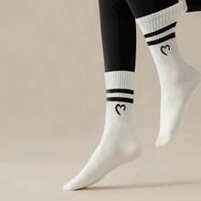 5/10 Pairs Women's Random Multi-Color Double Stripe, Heart Shaped, Soft & Comfortable Mid-Calf Socks, Fashionable For Sports, Daily Wear, And Dates - Multicolor - View 3