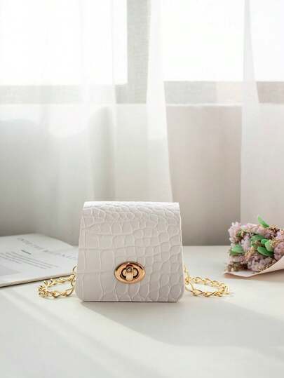 Crocodile Texture Mini Makeup Bag, Solid Color Minimalist Pouch