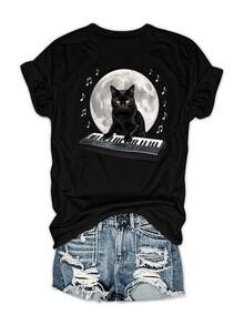 Black Cat Playing Keyboard Under Moon 180g Milk Silk Double Grinding Women's T-Shirt,Comfortable,Suitable,Casual Versatile Tops, Street Wear, Daily Outfits, Free Shipping - 黑色 - 查看 1