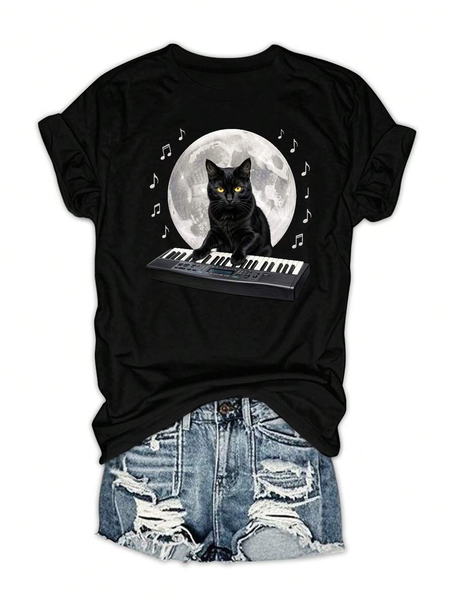 Black Cat Playing Keyboard Under Moon 180g Milk Silk Double Grinding Women's T-Shirt,Comfortable,Suitable,Casual Versatile Tops, Street Wear, Daily Outfits, Free Shipping - 黑色 - 查看 1