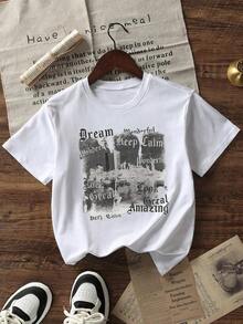 1pscCamiseta de mujer de manga corta con cuello redondo y estampado de eslogan, de ajuste holgado y casual, adecuada para uso diario y ocasiones de vacaciones. Blanca 100% Algodón - Blanco - Ver 4