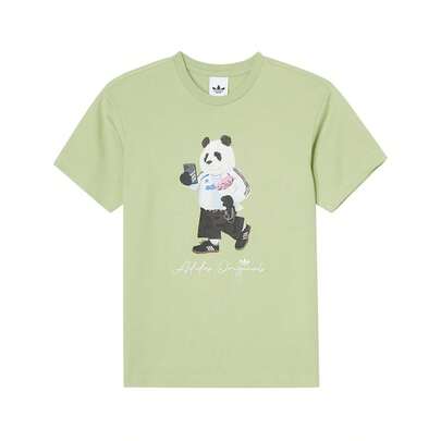Adidas 男女通用熊猫印花舒适休闲圆领短袖T恤，春夏款