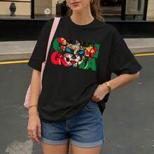 Camiseta Negra con Estampado de Calavera y Flores para Mujer Casual Verano - Negro - Ver 3