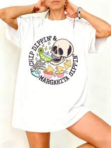 Camiseta blanca con estampado de calavera y margarita para fiestas - Blanco - Ver 1