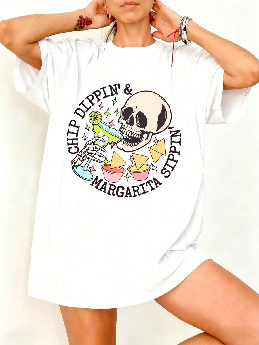 Camiseta blanca con estampado de calavera y margarita para fiestas - Blanco - Ver 1