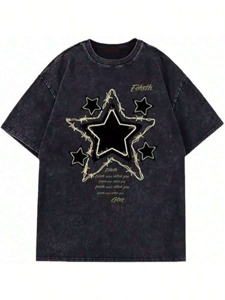 Y2K Star Pattern Dark Washed Cotton T-Shirt, Gold Embroidery Gothic Grunge Top, Oversized Loose Fit Vintage Street Style For Summer - 黑色 - 查看 1