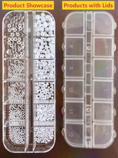 12格收纳盒套装：内含1盒白色仿珍珠和透明树脂半圆形美甲装饰品。包含多种尺寸和款式，例如水钻、DIY美甲宝石和鱼子酱珠，可用于打造各种美甲造型。这些装饰品拥有半圆形轮廓和3D立体效果，是美甲沙龙的必备用品。它们非常适合打造日韩风格美甲，是追求休闲艺术美甲的女性的理想之选。