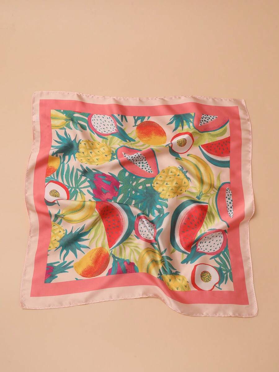 1条女士优雅热带水果西瓜菠萝印花缎面围巾,是情人节装扮、节日和旅行的理想配饰。 - 彩色 - 查看 1