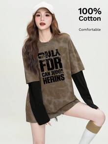 JUTU Blend English Graphic Print Patchwork Loose Fit Long Sleeve Round Neck Knit Top, Suitable For Party, Spring, Autumn, Valentine's Day Casual - 0B45 Coffee Black - KJ0200 Black - View 2