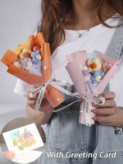 手工钩编绒球花束，柔软纱线花卉装饰，创意家居装饰礼物，适合母亲节、妇女节