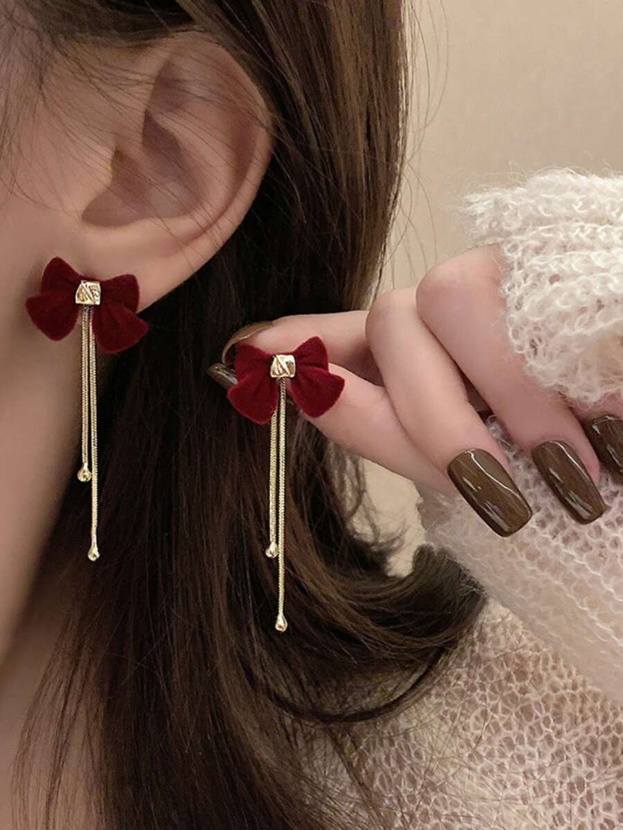 1 Đôi bông tai dài tua rua hình nơ thời trang, bông tai cao cấp sang trọng, thanh lịch dành cho nữ, phù hợp để đeo hàng ngày. - Đỏ - Xem 1