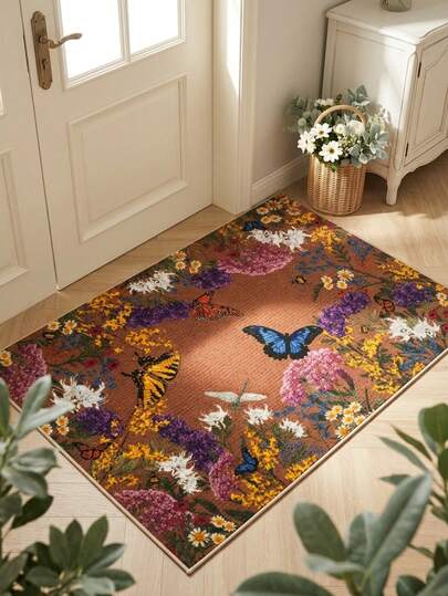 1pc Artistic Butterfly & Floral Painting Style Rug/Carpet/Bath Mat/Door Mat, Suitable For Entryway, Bathroom, Kitchen, Hallway, Bedroom, Living Room, Machine Washable Soft Mat, Elegant Home Decor